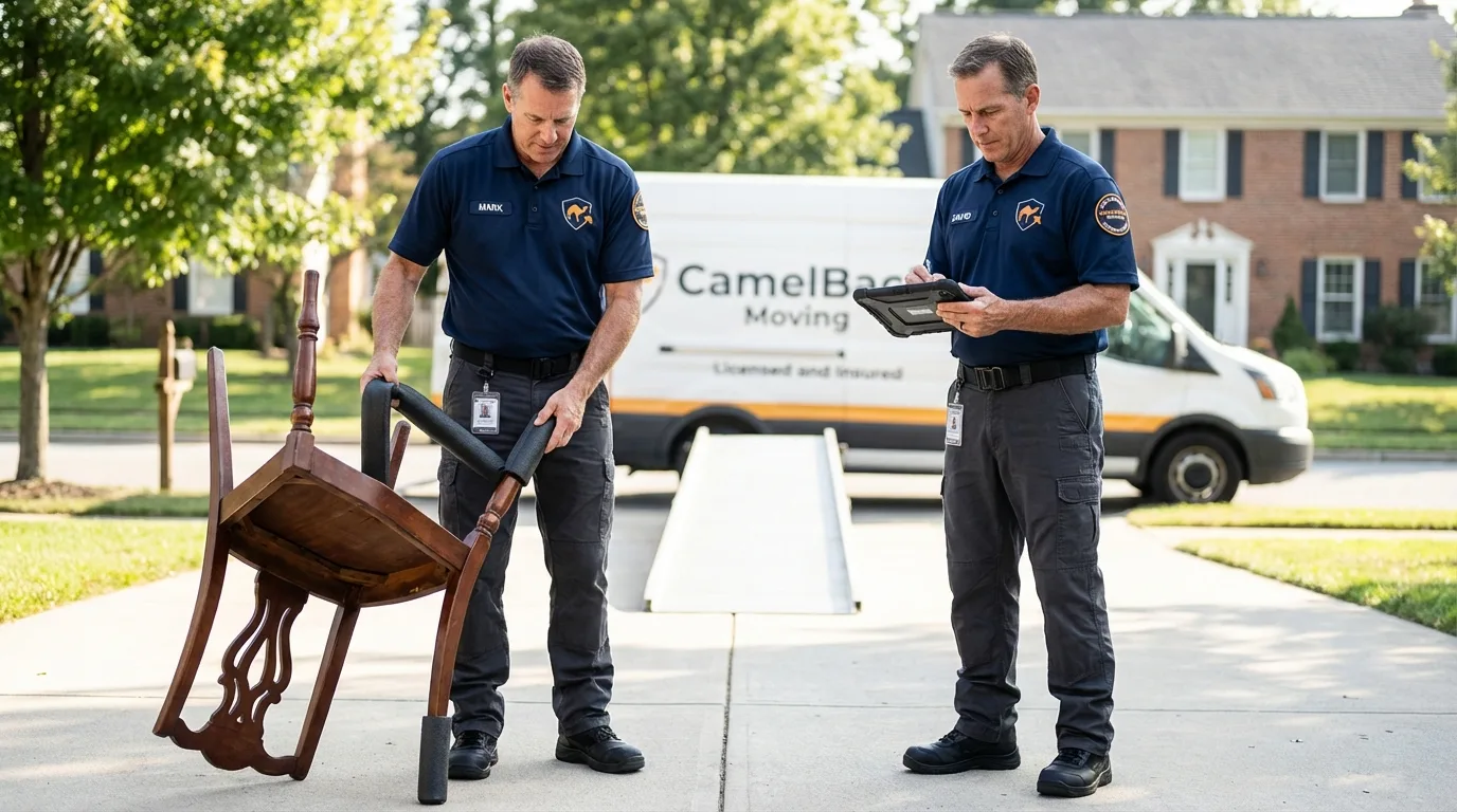 Movers inspecting furniture for damage prevention before loading in Saint Martinville, LA
