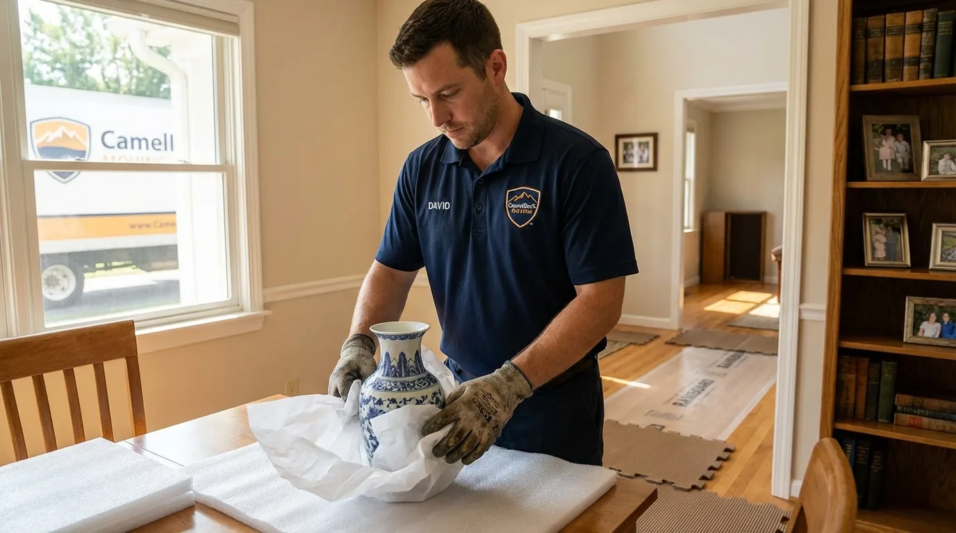 Professional crew carefully wrapping antique vase for senior downsizing move in Saint Martinville, LA